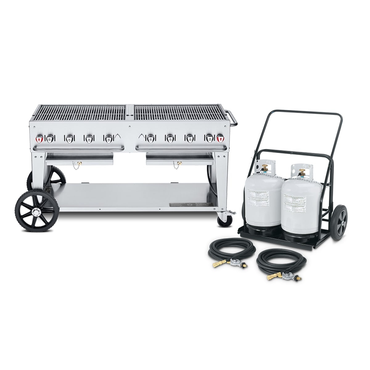 Crown Verity CV-MCC-60 mobile outdoor charbroiler with remote propane tank cart and hoses