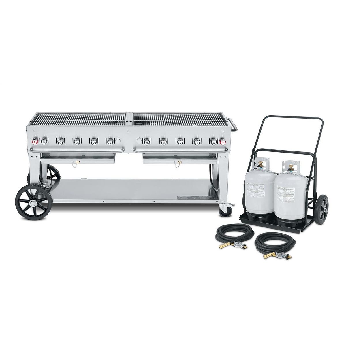 Crown Verity CV-MCC-72 mobile propane outdoor charbroiler with propane tank cart, hoses, and two tanks