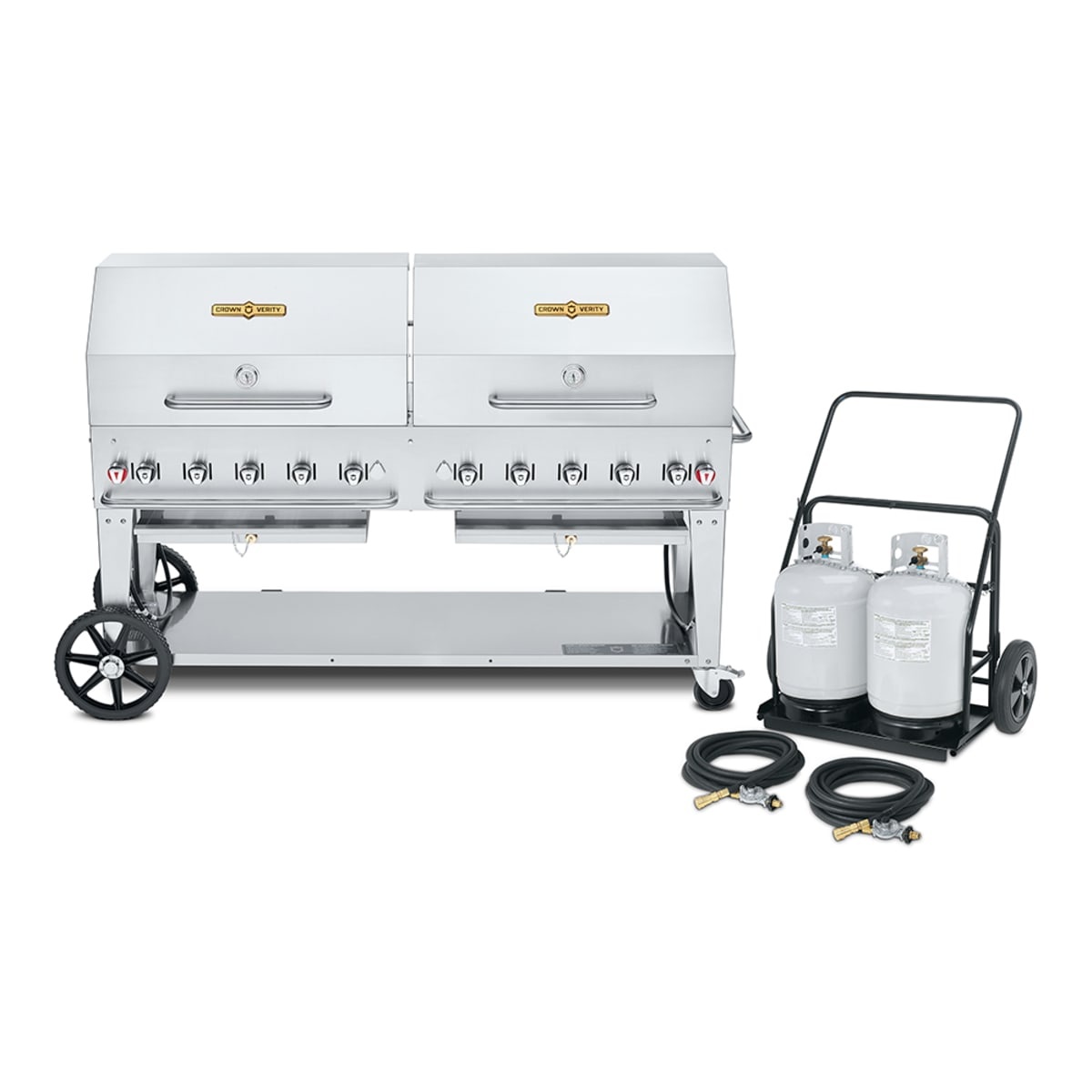 Crown Verity CV-MCC-72RDP mobile outdoor grill with dual roll domes and remote propane tank cart