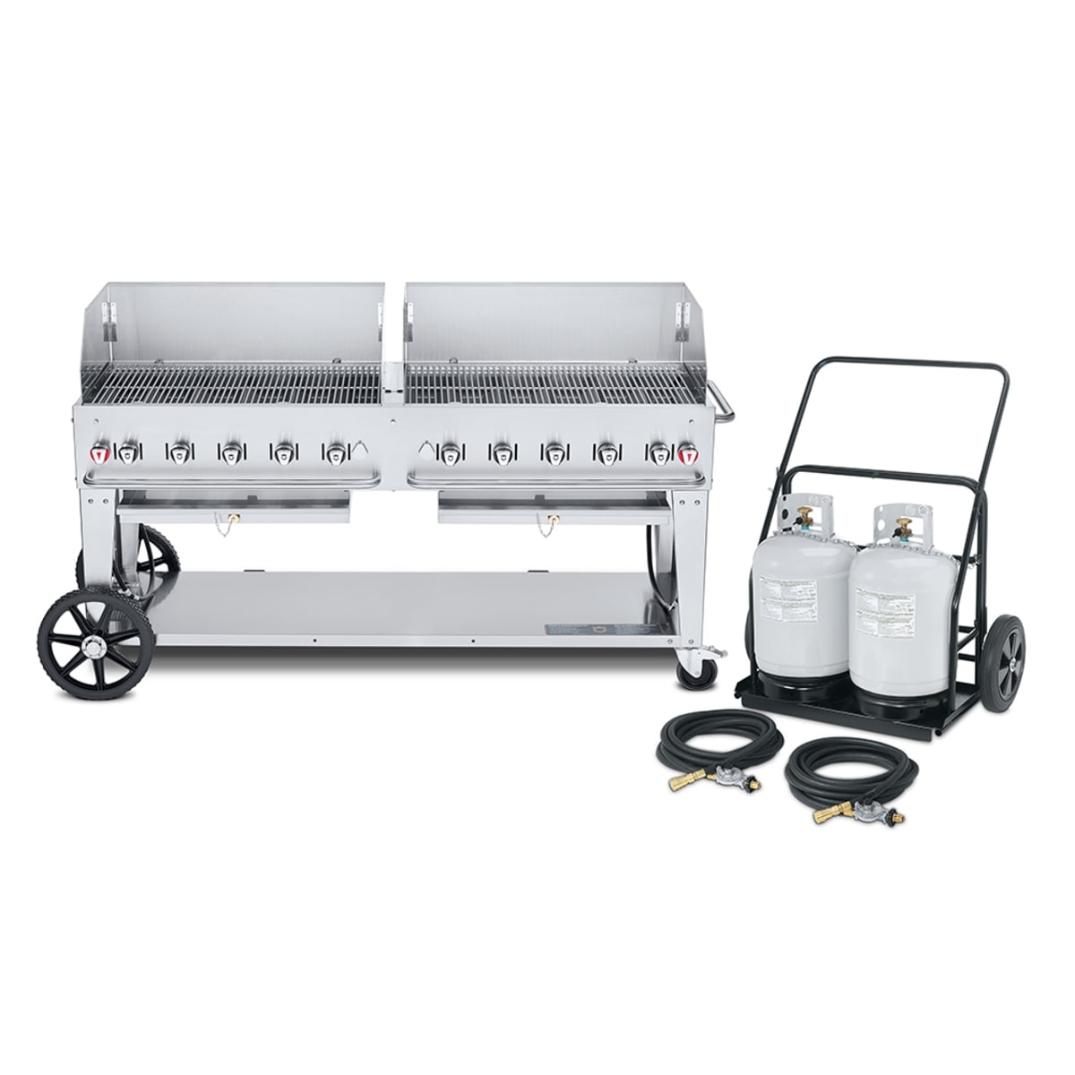 Crown Verity CV-MCC-72WGP mobile stainless steel outdoor cart grill with remote propane tank cart, dual vertical tanks, and gas hoses