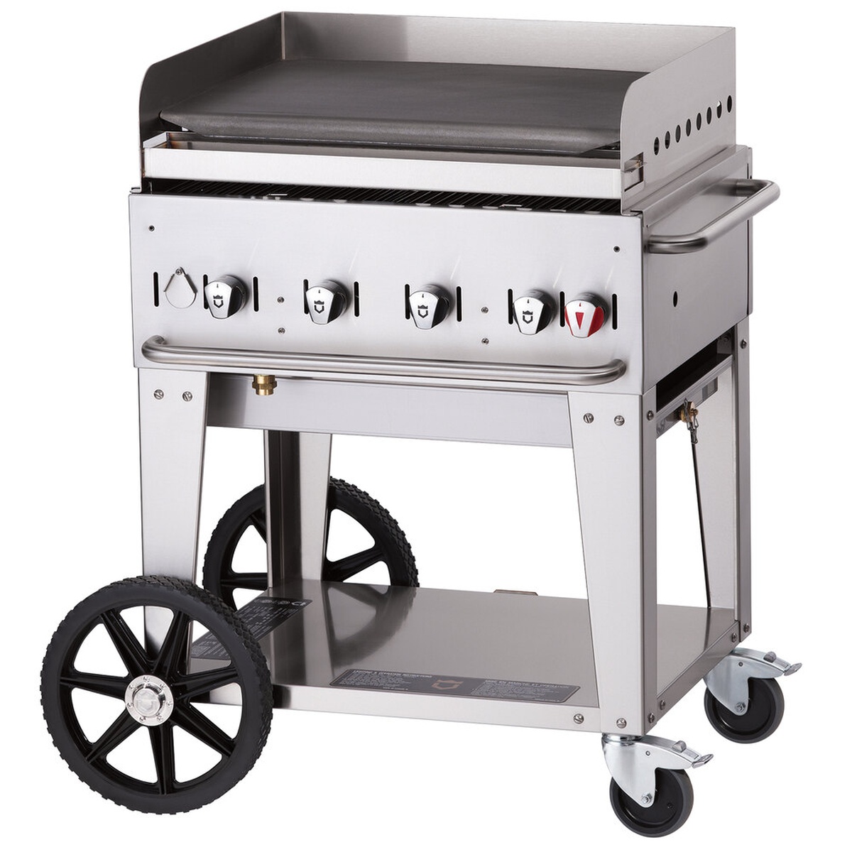 Crown Verity CV-MG-30 mobile propane gas griddle with stainless steel cart and large wheels