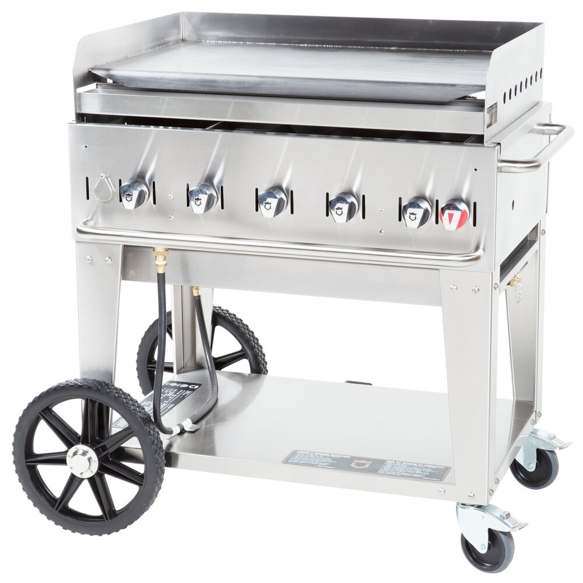 Crown Verity CV-MG-36 mobile propane griddle with stainless steel body and wheeled cart