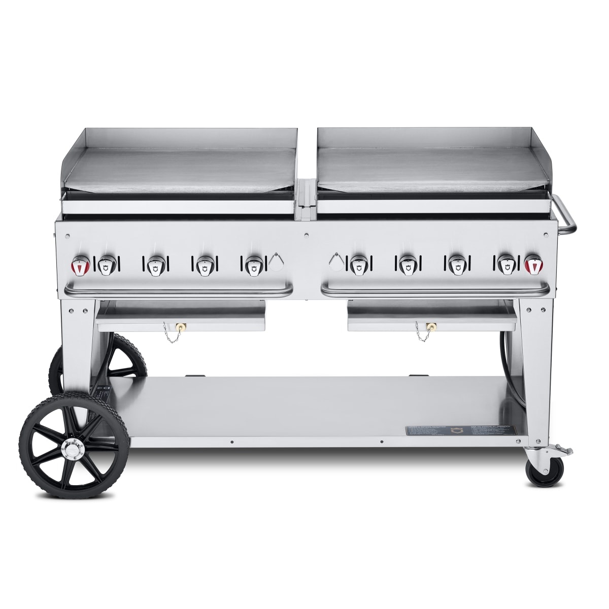 Crown Verity mobile outdoor gas griddle with dual griddle tops, wheels, and front control knobs