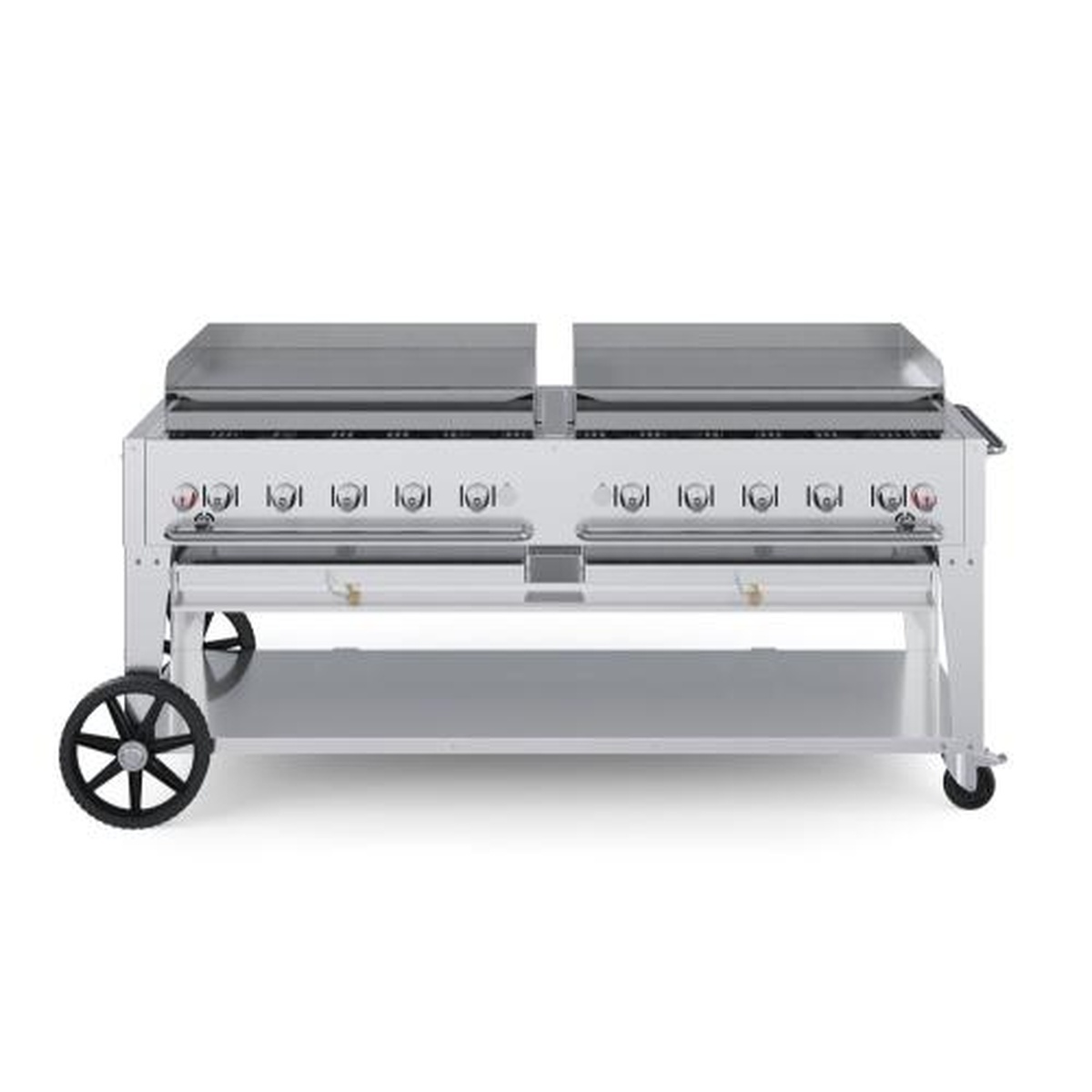 Crown Verity CV-MG-72 mobile outdoor griddle with dual griddle plates, wheels, and locking casters