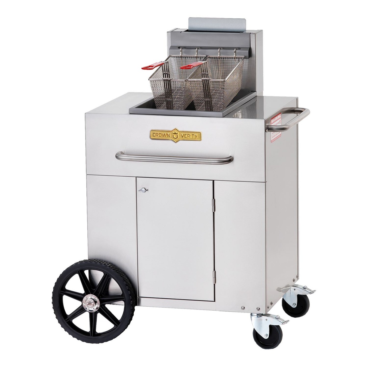 Crown Verity CV-PF-1 single tank outdoor propane fryer with two baskets and wheeled base