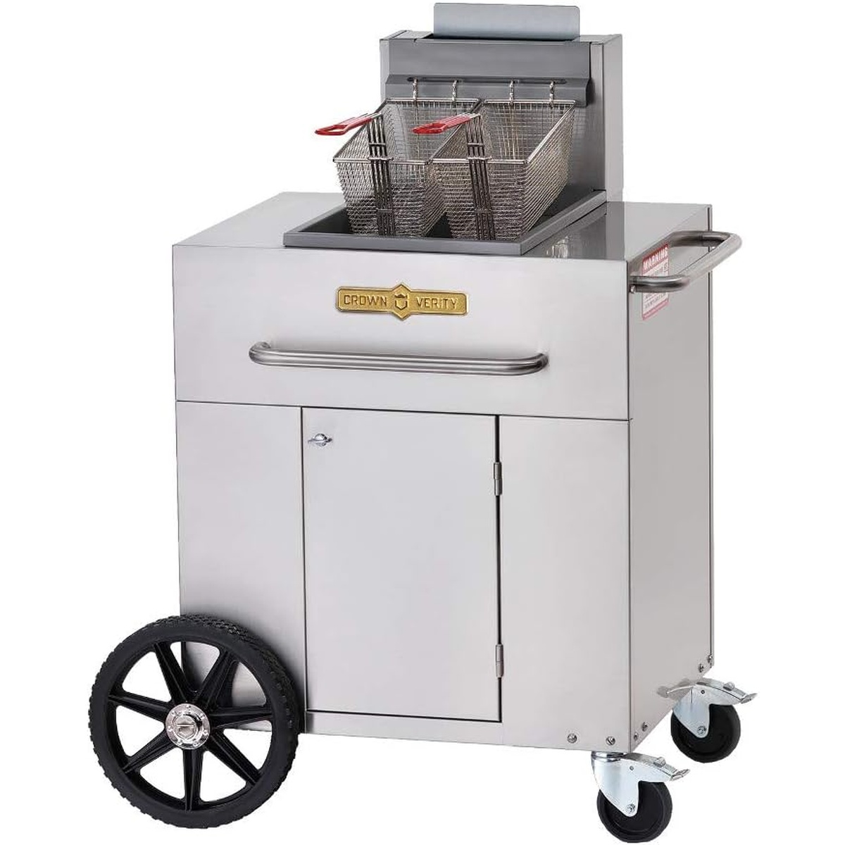 Crown Verity CV-PF-1NG single tank natural gas portable outdoor fryer on wheeled stainless steel cart with two fry baskets