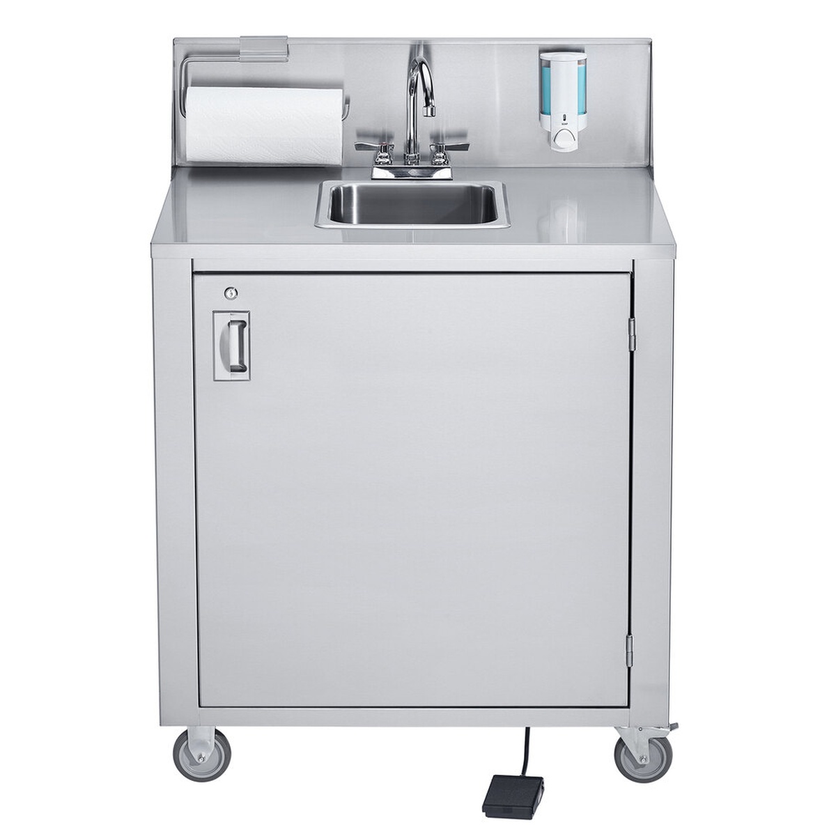 Crown Verity CV-PHS-1 portable single-bowl hand sink cart in stainless steel with soap dispenser, paper towel holder, lockable cabinet door, foot pedal, and casters
