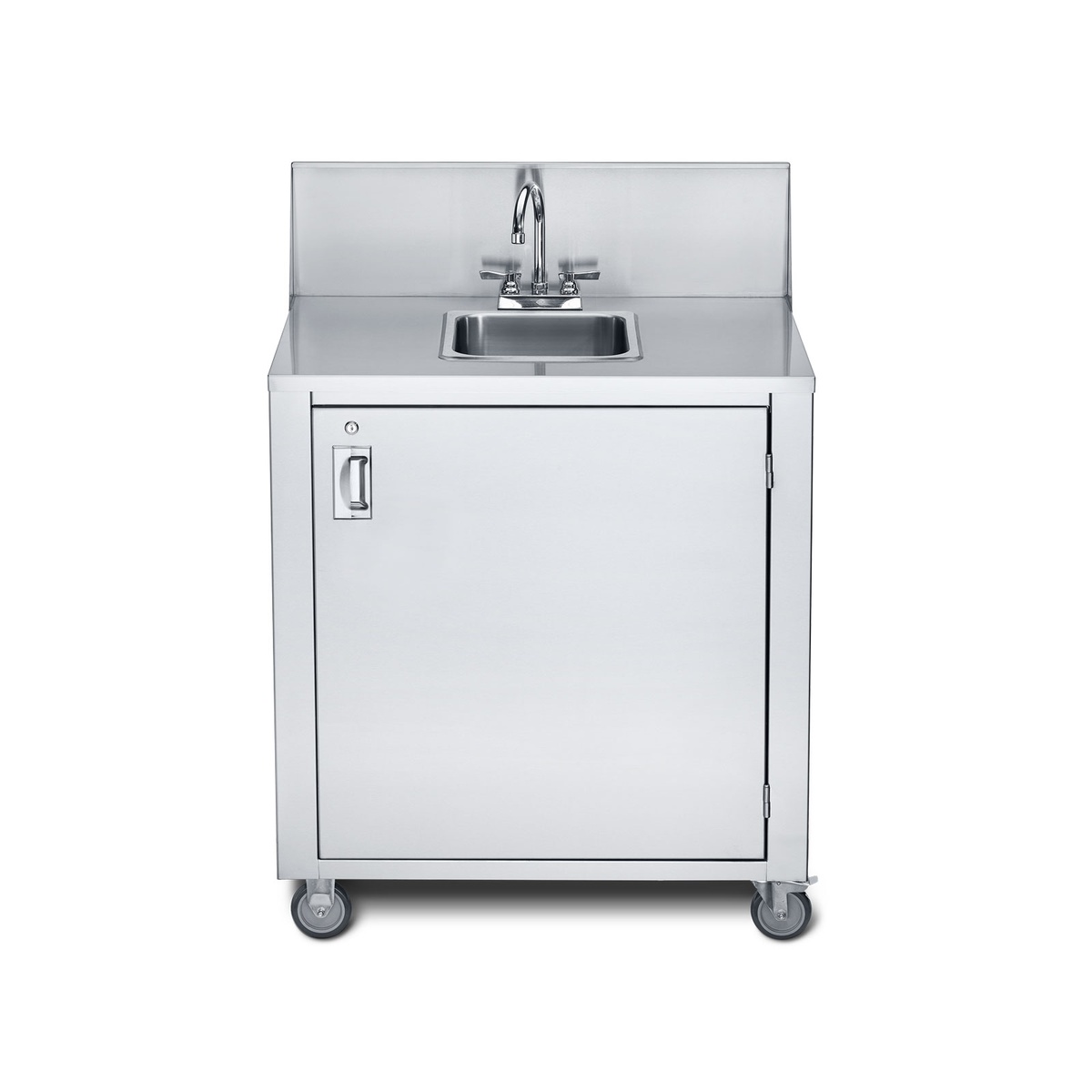 Crown Verity CV-PHS-1C portable hand sink cart clean front view showing stainless steel cabinet with lockable door and casters