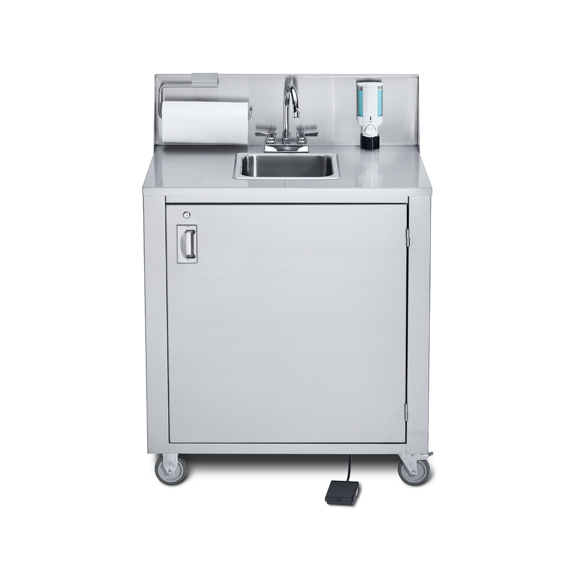 Crown Verity CV-PHS-1C portable hand sink cart front view with paper towel holder, soap dispenser, faucet, and foot pump