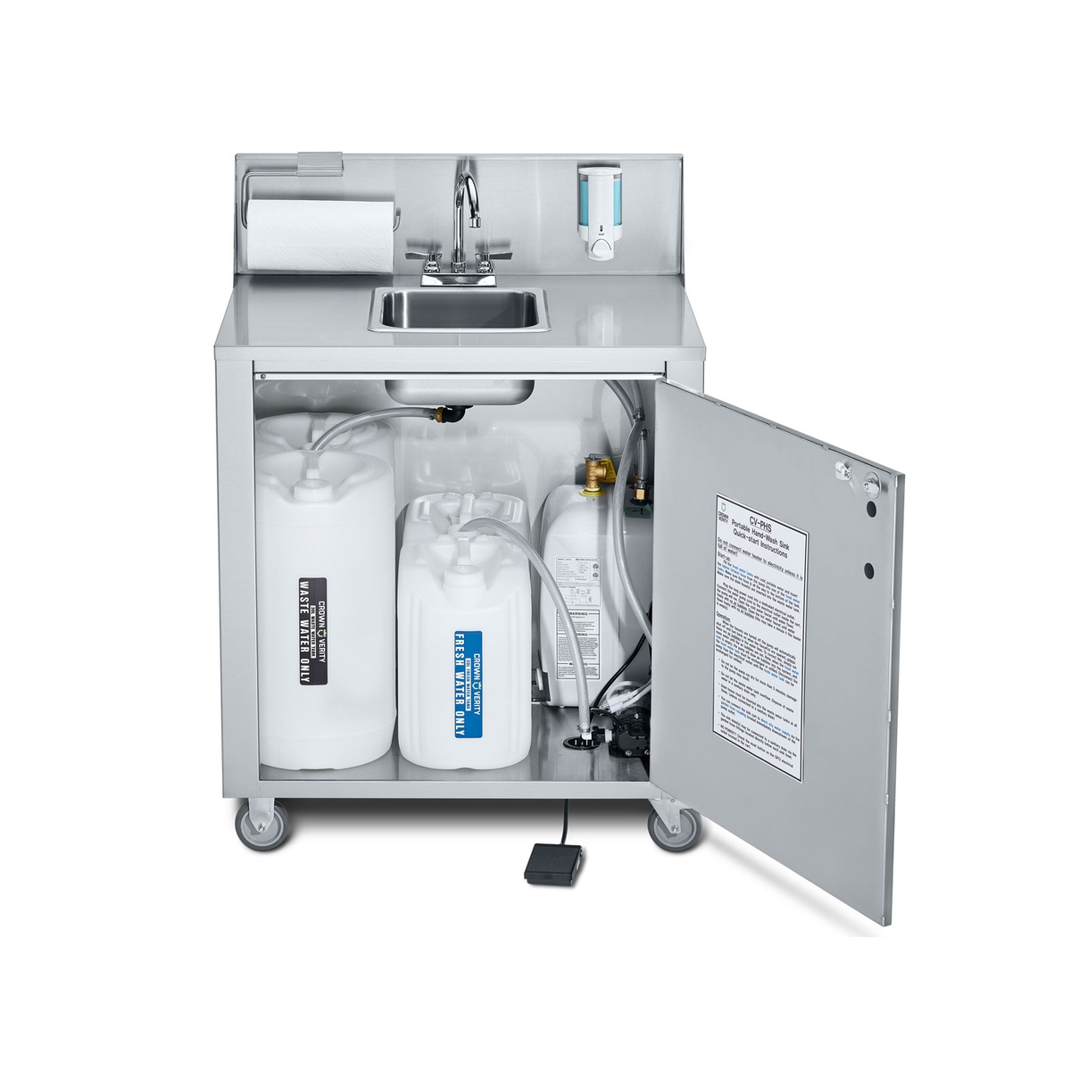 Crown Verity CV-PHS-1C interior view showing removable fresh water and waste water tanks with plumbing connections