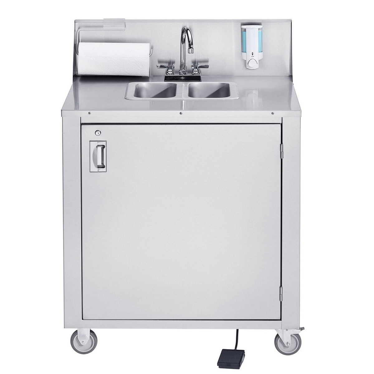 Crown Verity CV-PHS-2 double bowl portable hand sink cart with stainless steel cabinet, foot pedal, paper towel dispenser, and soap dispenser