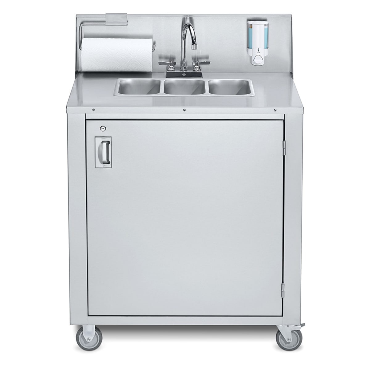 Crown Verity CV-PHS-3 portable three-compartment stainless steel hand sink with backsplash, paper towel holder, soap dispenser, and lockable cabinet on caster wheels