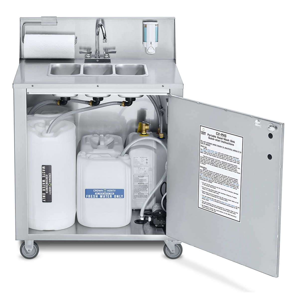 Crown Verity CV-PHS-3 with cabinet door open revealing fresh water tanks, waste water tanks, water pump, water heater, and internal plumbing