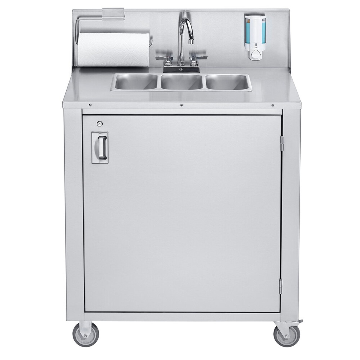 Crown Verity CV-PHS-3C triple bowl cold water portable hand sink cart with paper towel holder, soap dispenser, three stainless steel sink bowls, lockable cabinet door, and caster wheels