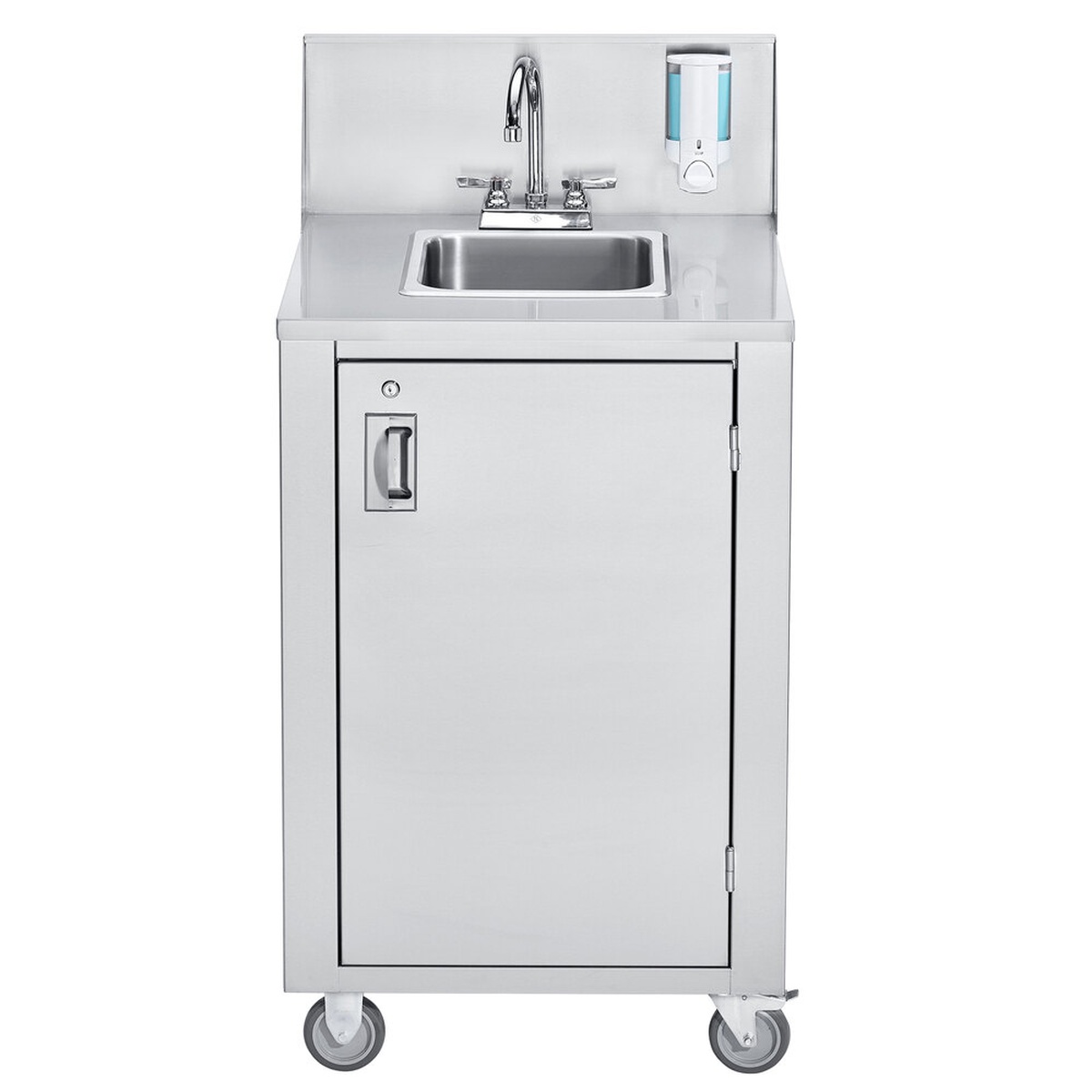 Crown Verity CV-PHS-4C stainless steel portable cold water hand sink cart with single basin, faucet, soap dispenser, lockable cabinet, and caster wheels