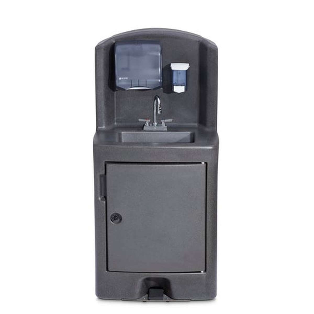 Crown Verity CV-PHS-5 portable handwashing sink with paper towel dispenser, soap dispenser, faucet, lockable door, and foot pedal, front view
