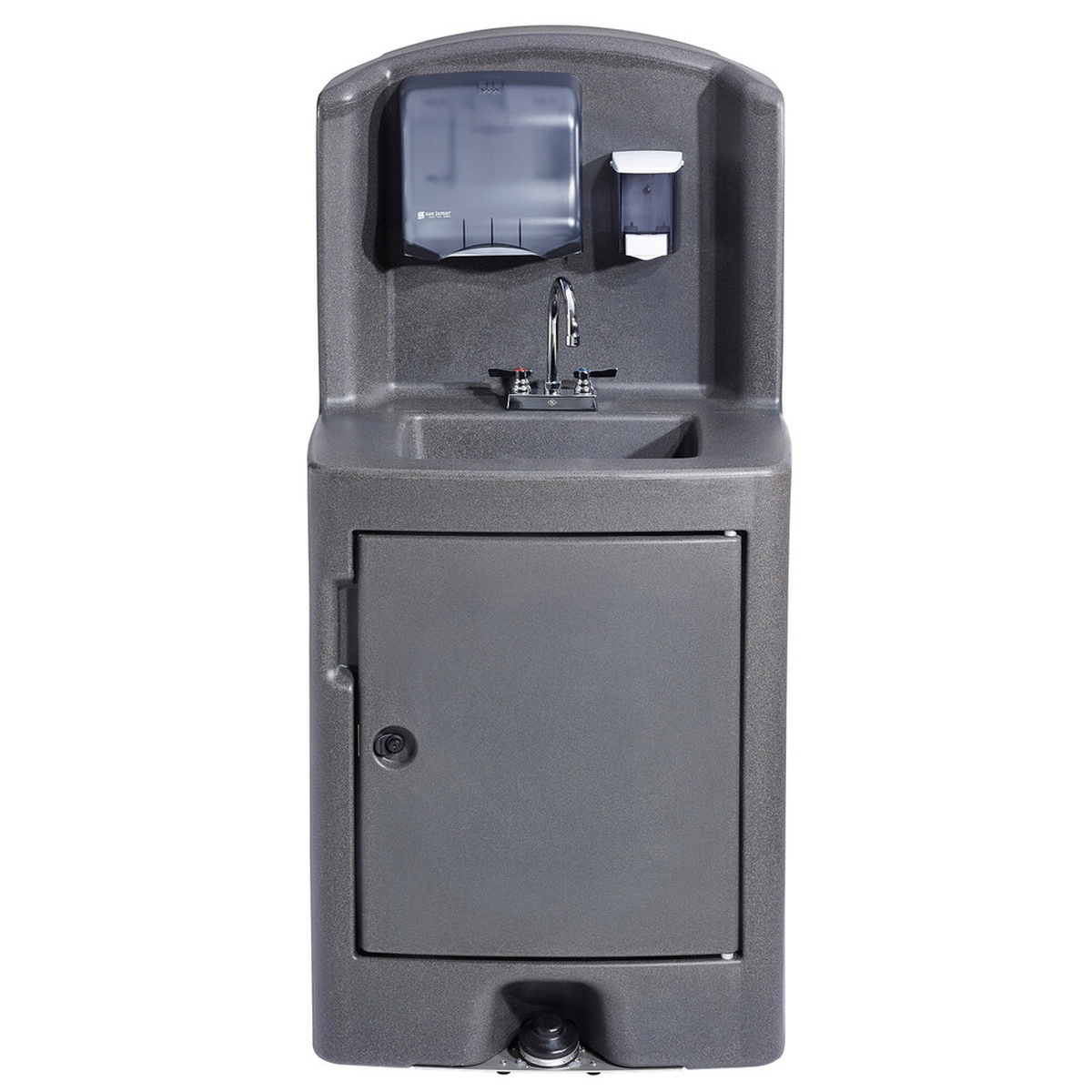Crown Verity CV-PHS-5C gray polyethylene portable hand sink with backsplash dispensers, faucet, lockable cabinet door, and foot pump