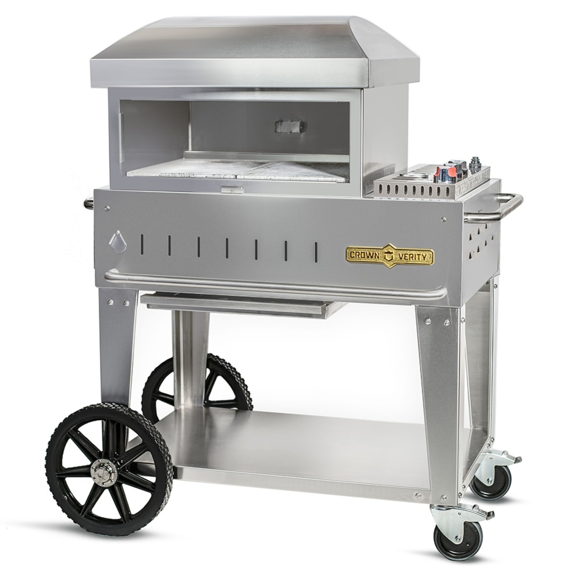 Crown Verity CV-PZ24-MB mobile stainless steel propane pizza oven on cart with wheels