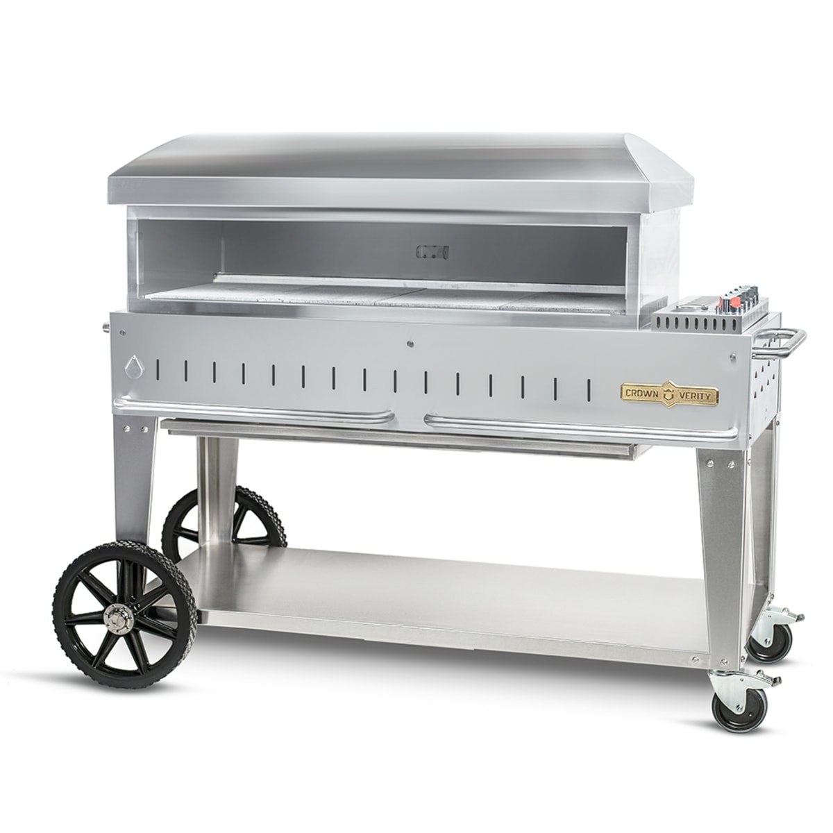 Crown Verity CV-PZ48-CB stainless steel outdoor pizza oven on wheeled cart