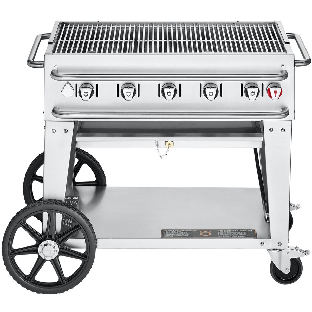 Crown Verity CV-RCB-36 mobile liquid propane grill with stainless steel body, undershelf, large rear wheels, and front locking casters