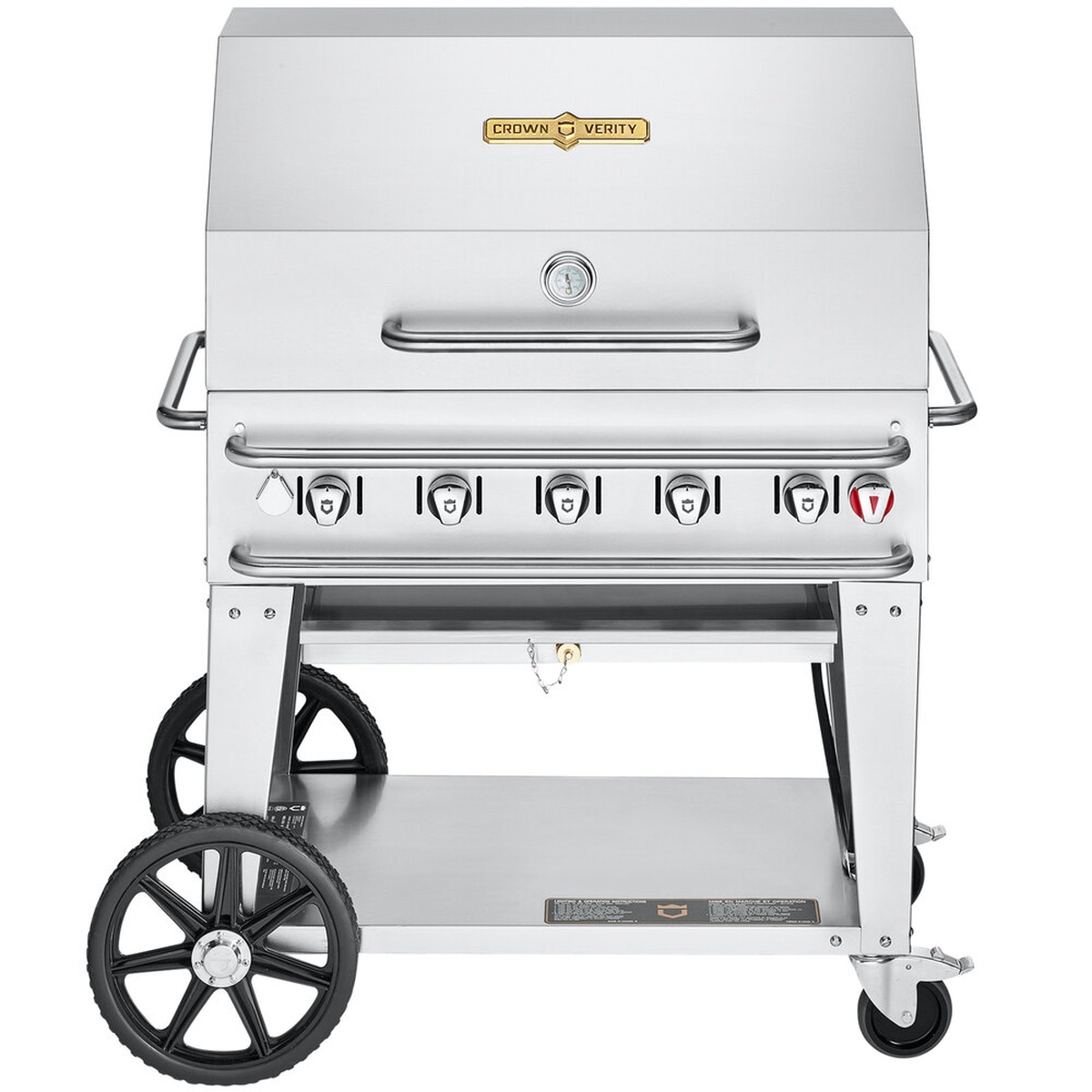 Crown Verity CV-RCB-36RDP mobile propane grill with roll dome lid, control knobs, wheels, and lower shelf