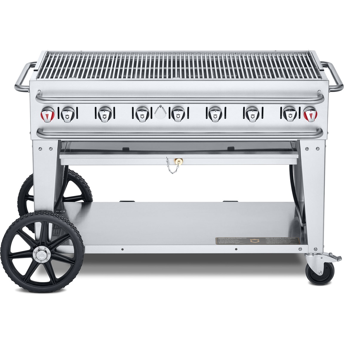 Crown Verity mobile stainless steel grill with control knobs, undershelf, and wheels