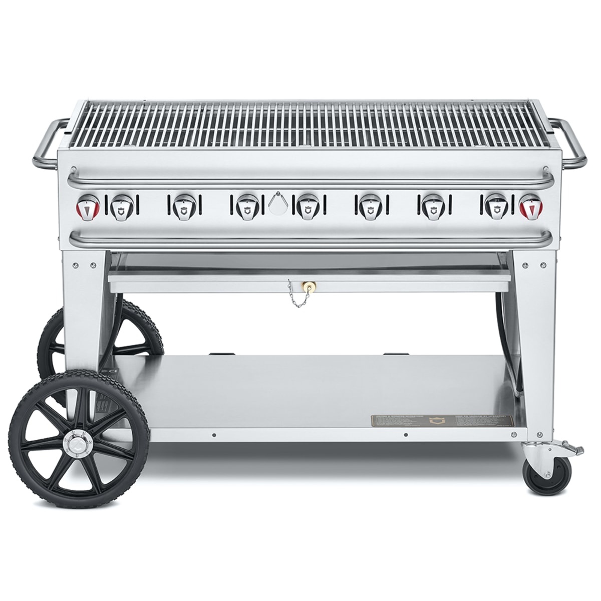 Crown Verity Pro Series mobile stainless steel outdoor grill with undershelf, large wheels, and locking caster