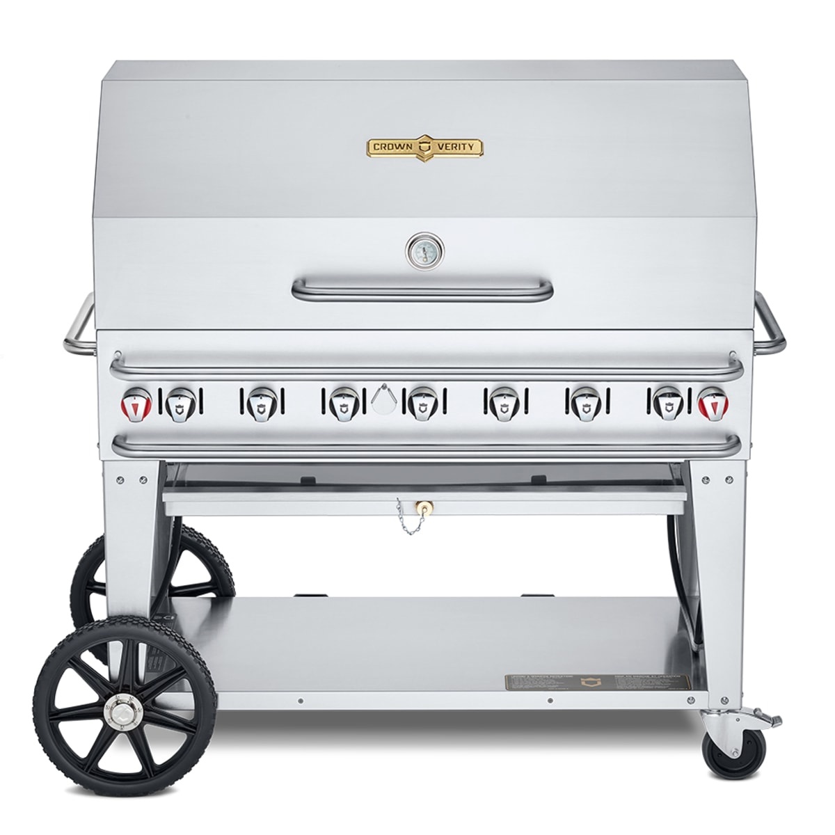 Crown Verity Pro Series 48 inch mobile outdoor grill with roll dome lid and control knobs