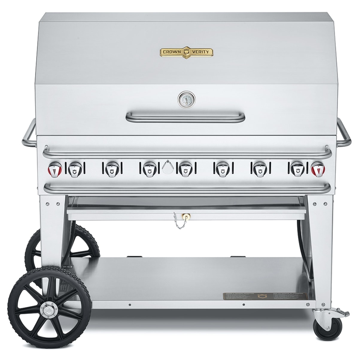 Crown Verity stainless steel mobile outdoor grill with roll dome lid, control knobs, and wheeled cart