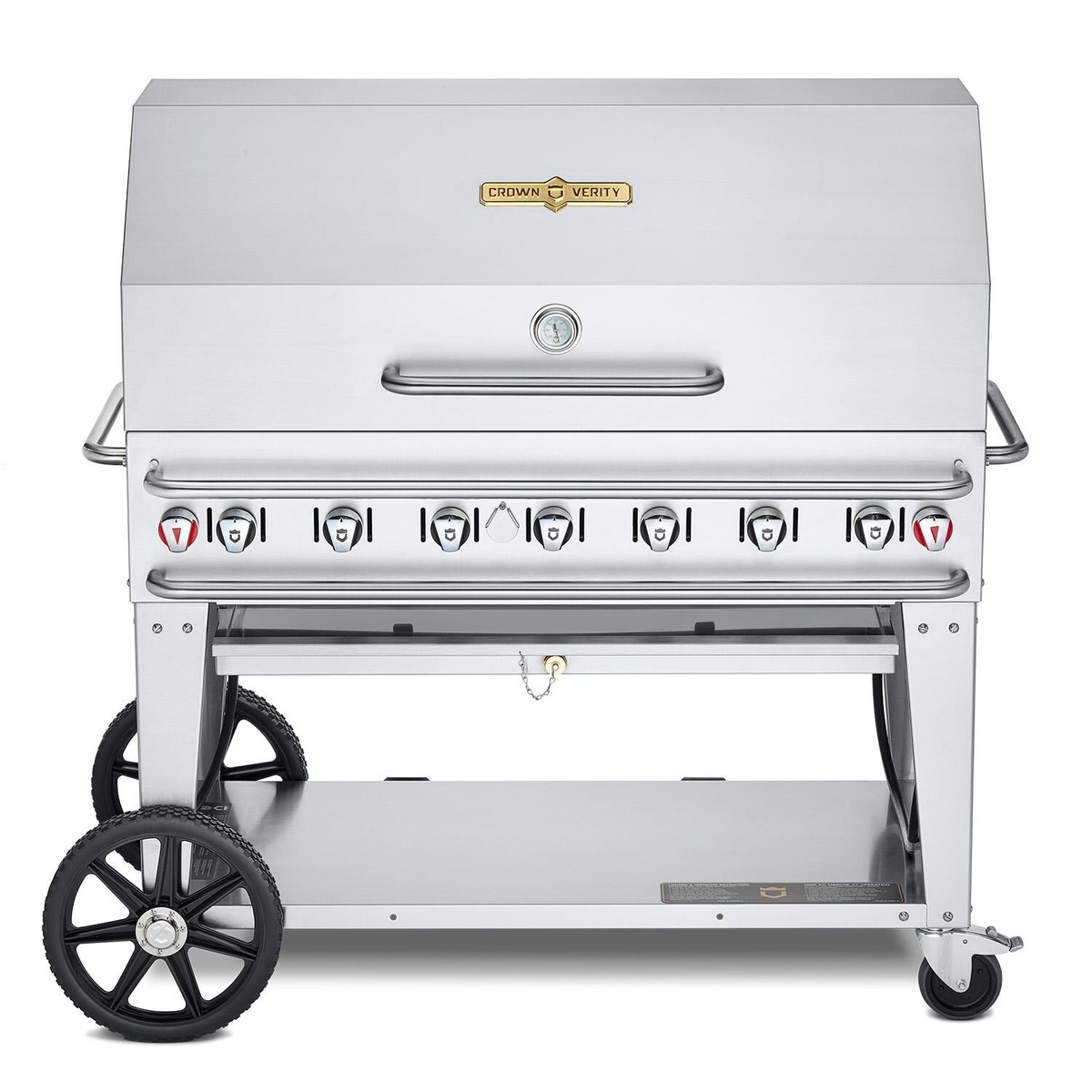 Crown Verity stainless steel mobile LP gas grill with roll dome lid and wheeled cart