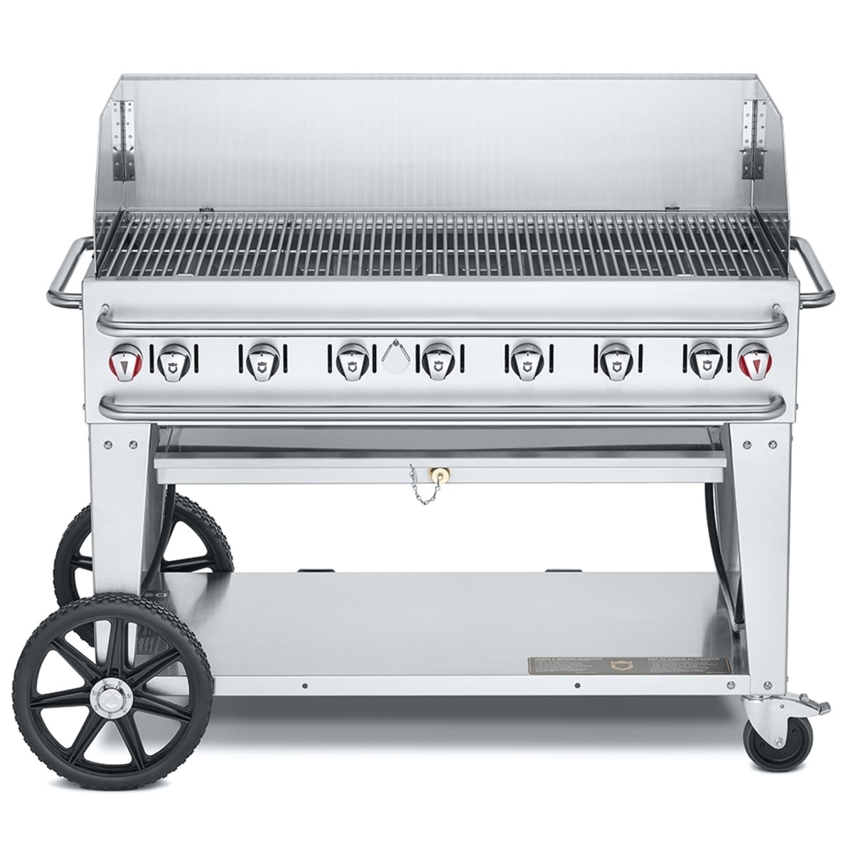 Crown Verity mobile outdoor propane grill with wind guards and wheeled cart