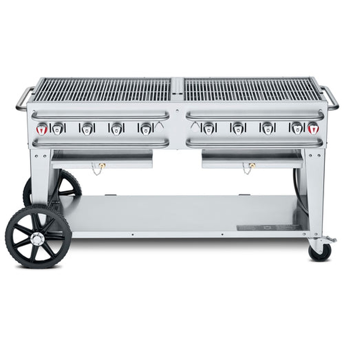 Crown Verity CV-RCB-60 60 inch outdoor rental propane grill with crash bars, wheels, and undershelf