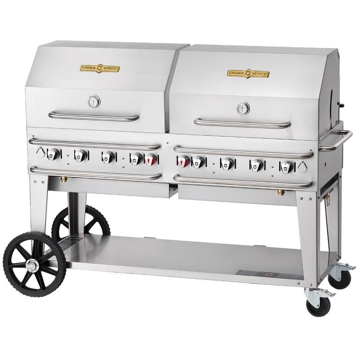 Crown Verity mobile propane grill with dual roll domes, eight control knobs, undershelf, wheels, and locking casters