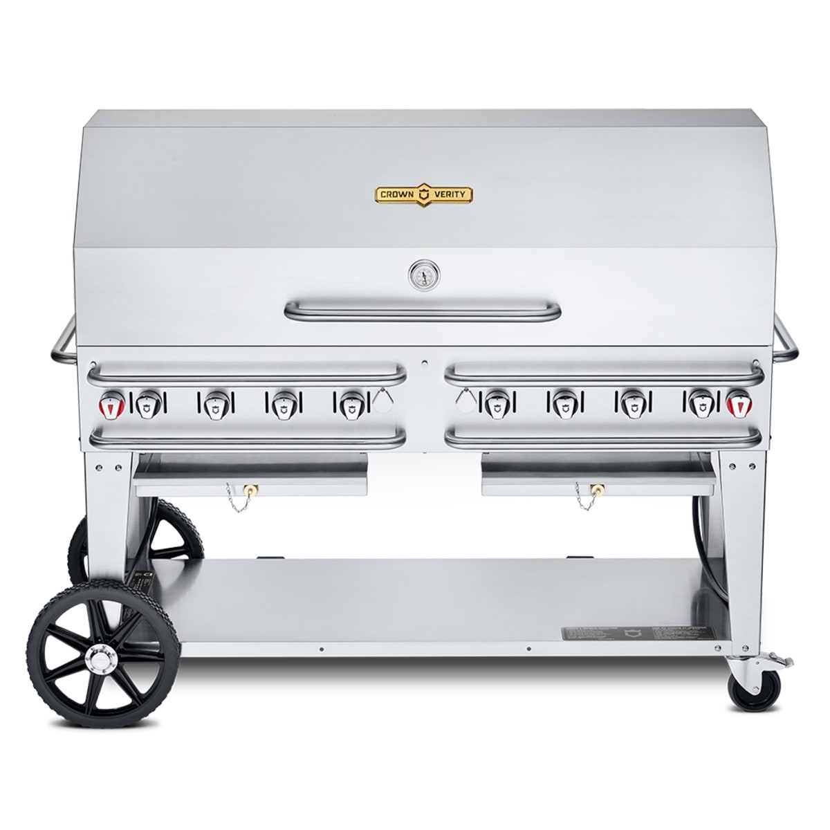 Crown Verity mobile propane outdoor grill with roll dome and eight burner controls