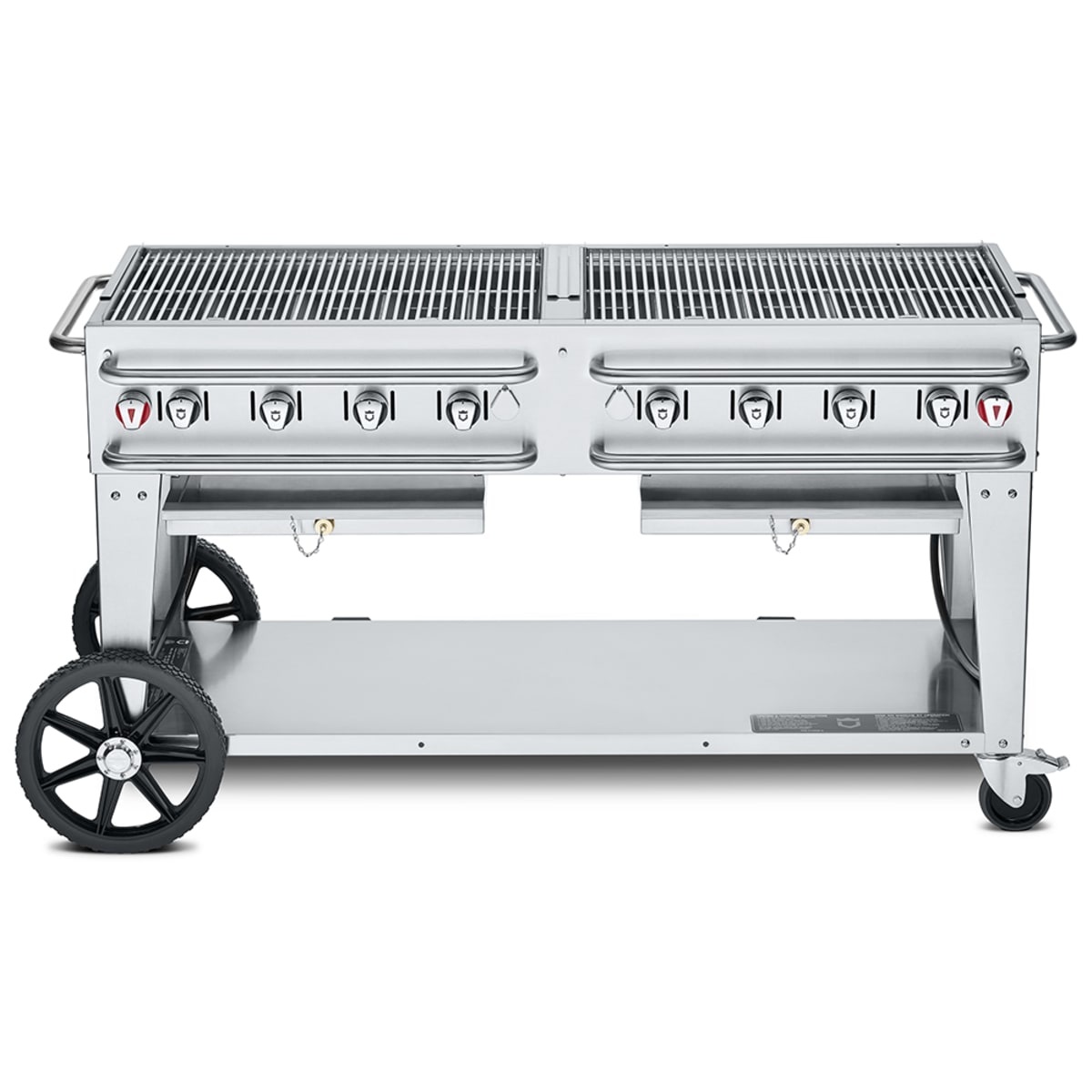 Crown Verity mobile stainless steel gas grill with eight control knobs and undershelf