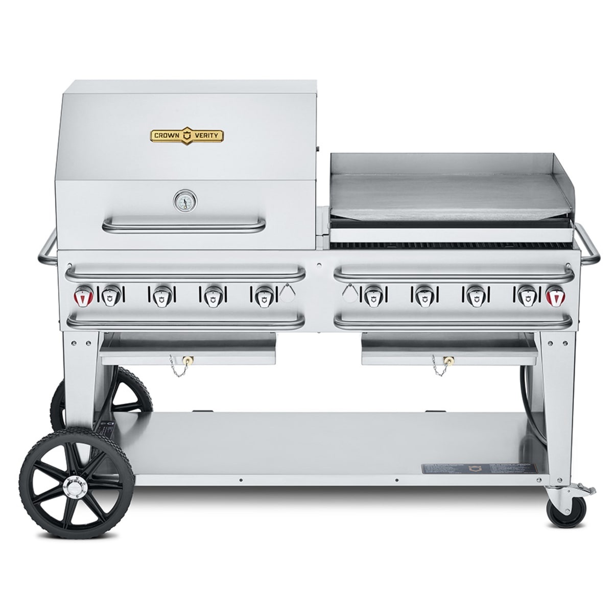 Crown Verity CV-RCB-60RGP mobile propane grill with roll dome and attached griddle
