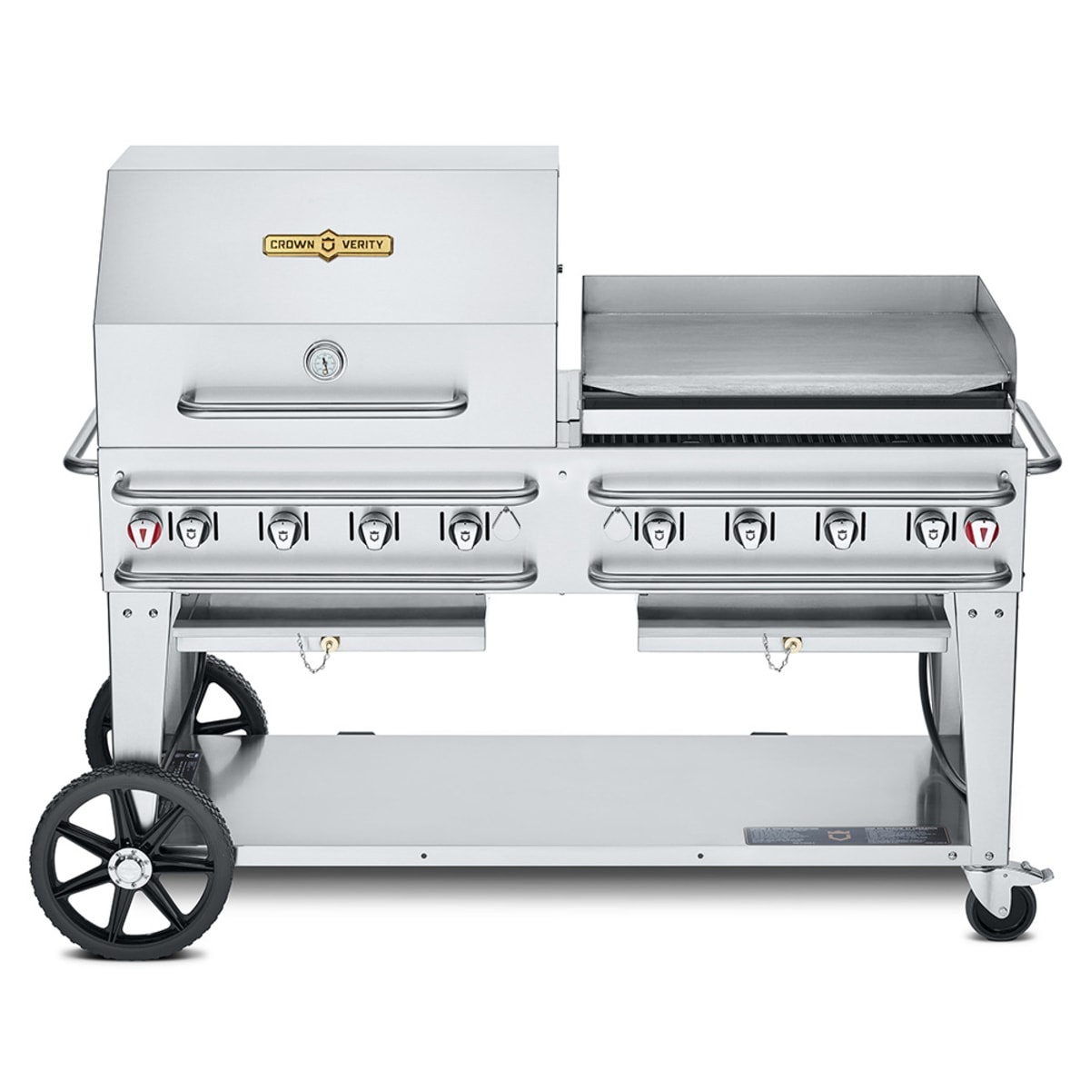 Crown Verity mobile propane grill with roll dome and flat-top griddle