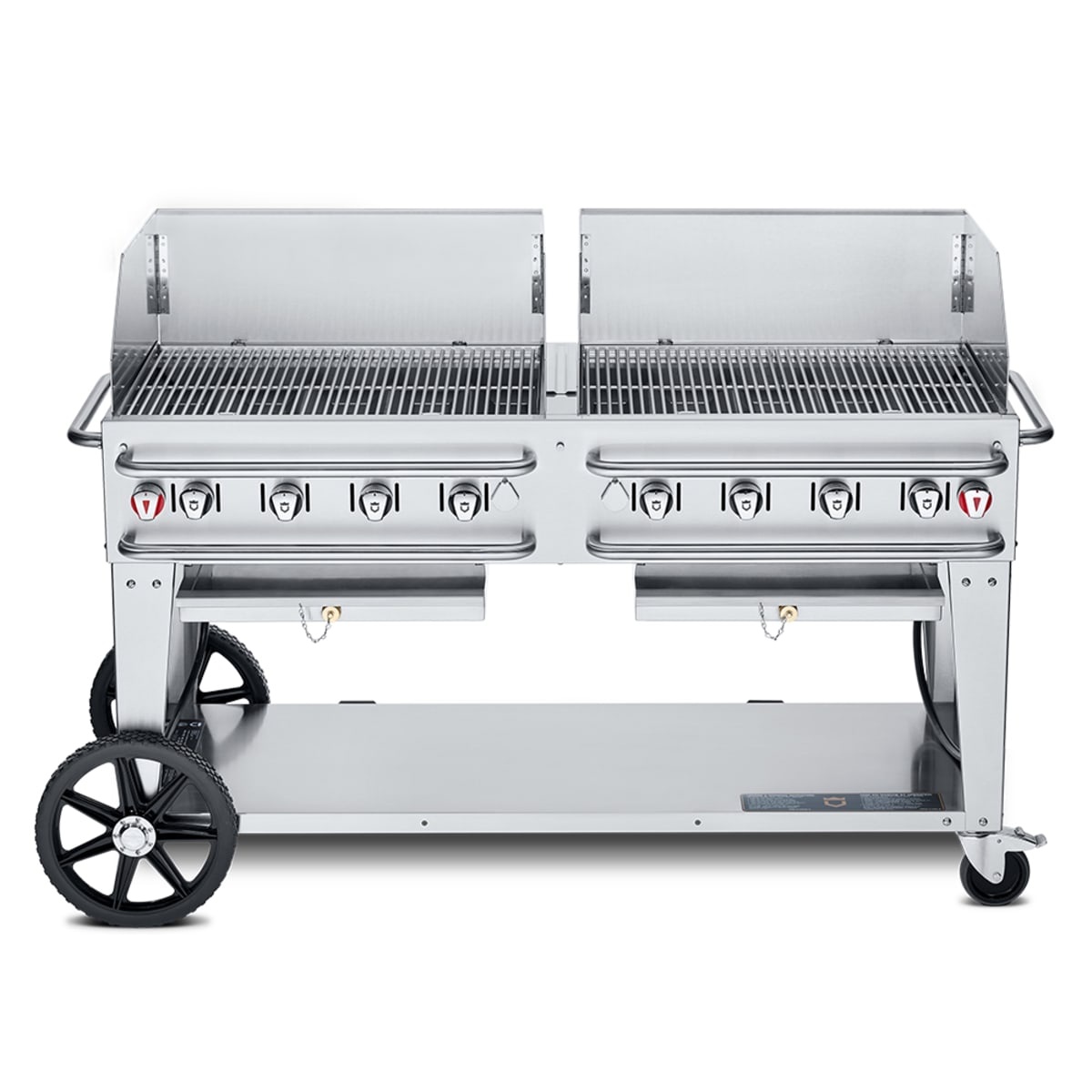 Crown Verity mobile propane grill with wind guards, eight control knobs, undershelf, wheels, and locking caster
