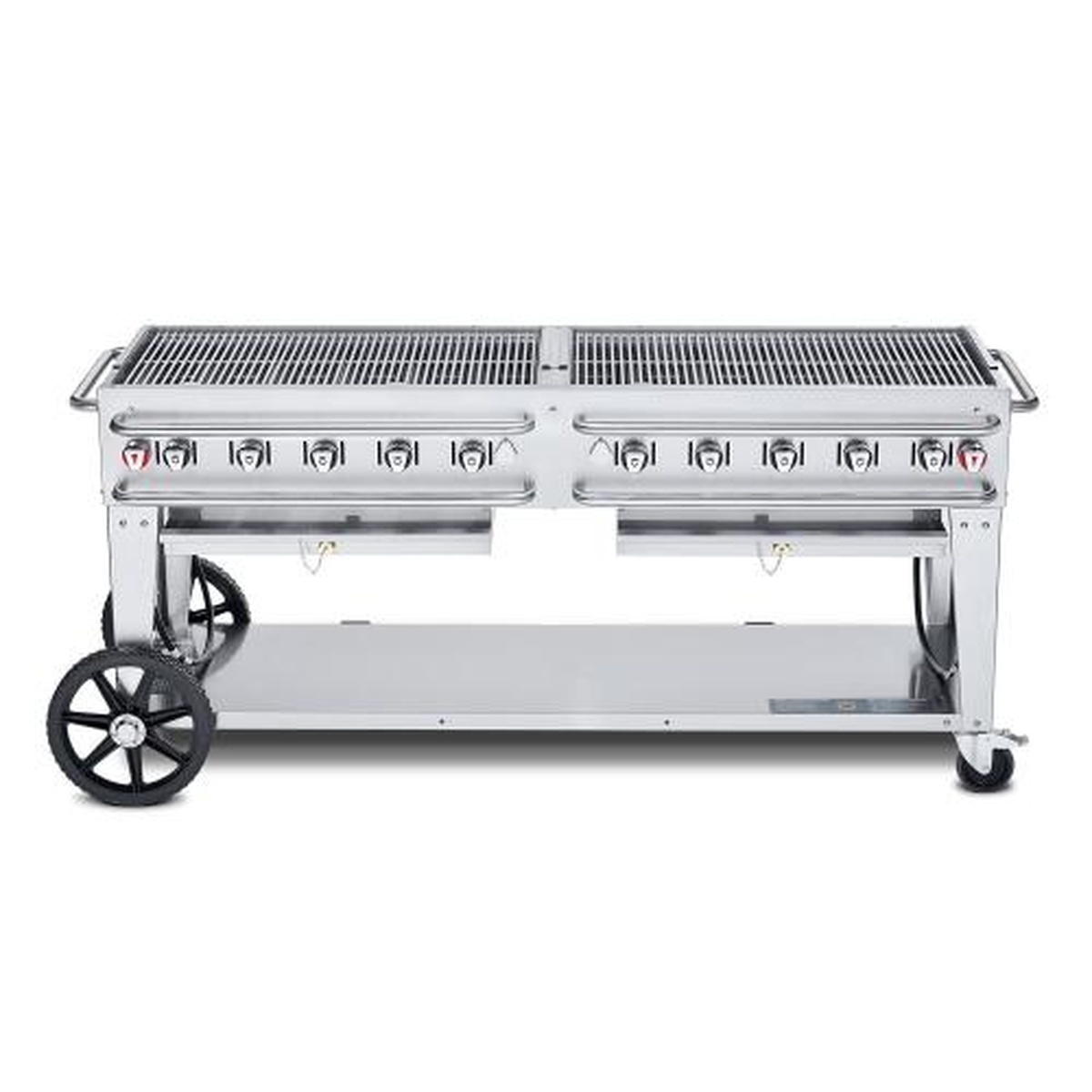 Crown Verity 72 inch freestanding propane gas grill with 10 control knobs and wheeled base