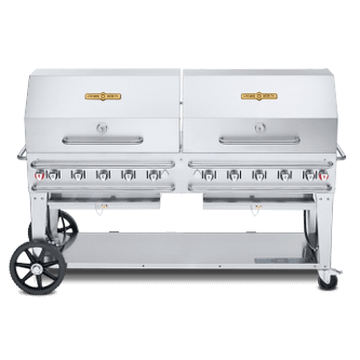 Crown Verity 72 inch rental series propane grill with double roll dome hoods