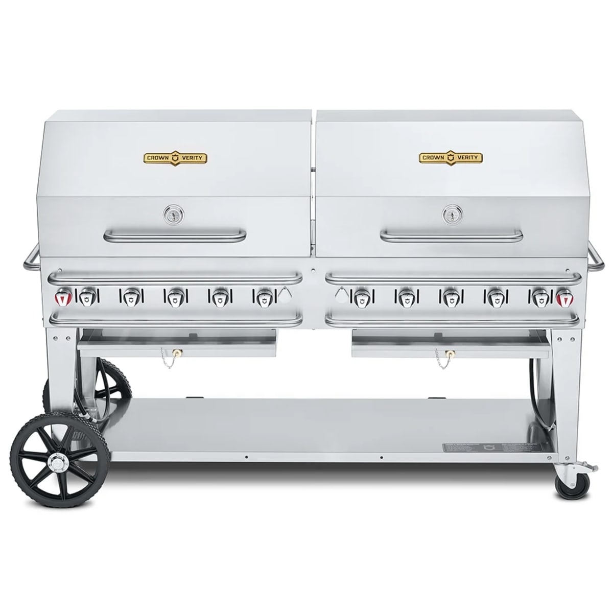 Crown Verity CV-RCB-72RDP-SI-BULK mobile outdoor grill with dual roll domes and control knobs