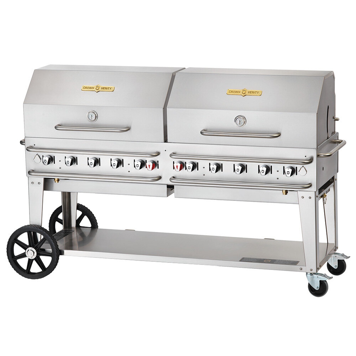 Crown Verity Pro Series 72 inch mobile propane rental grill with dual roll domes
