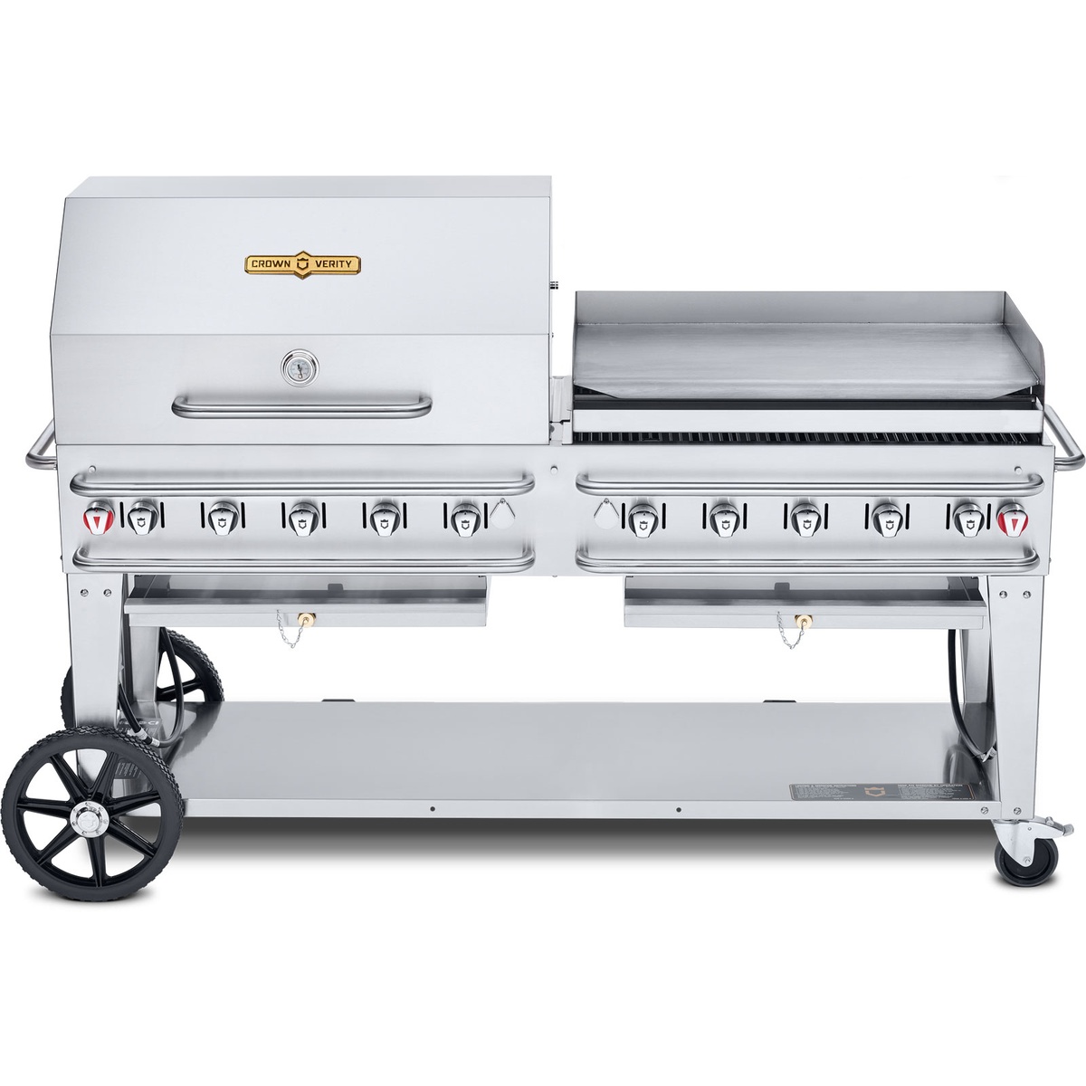 Crown Verity CV-RCB-72RGP stainless steel propane grill with roll dome and attached griddle