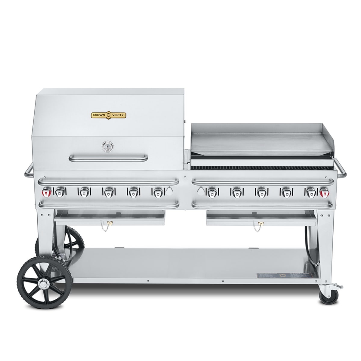 Crown Verity CV-RCB-72RGP-SI50/100 mobile propane grill with roll dome and flat-top griddle