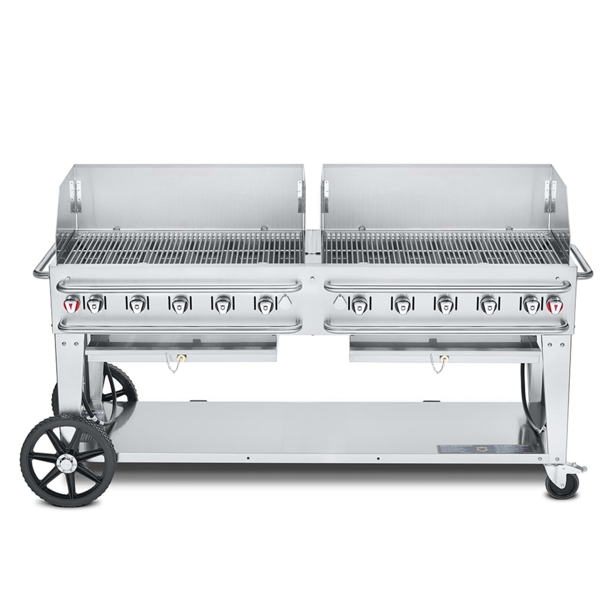 Crown Verity mobile outdoor grill with wind guards, 10 control knobs, and wheeled base