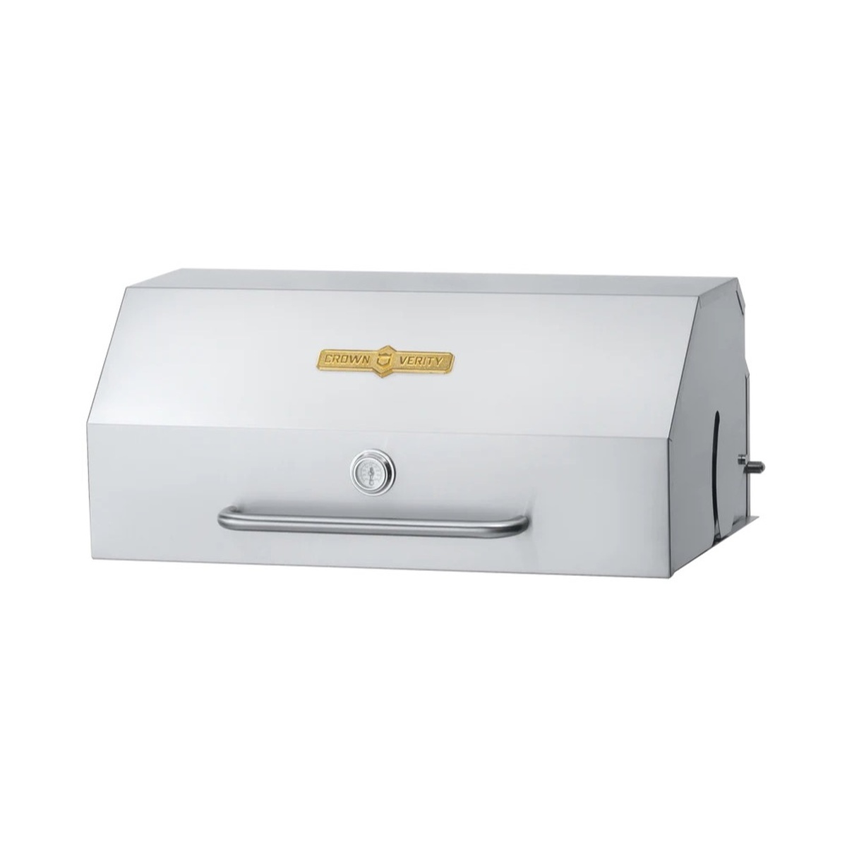 Crown Verity stainless steel roll dome grill hood with front handle and built-in thermometer