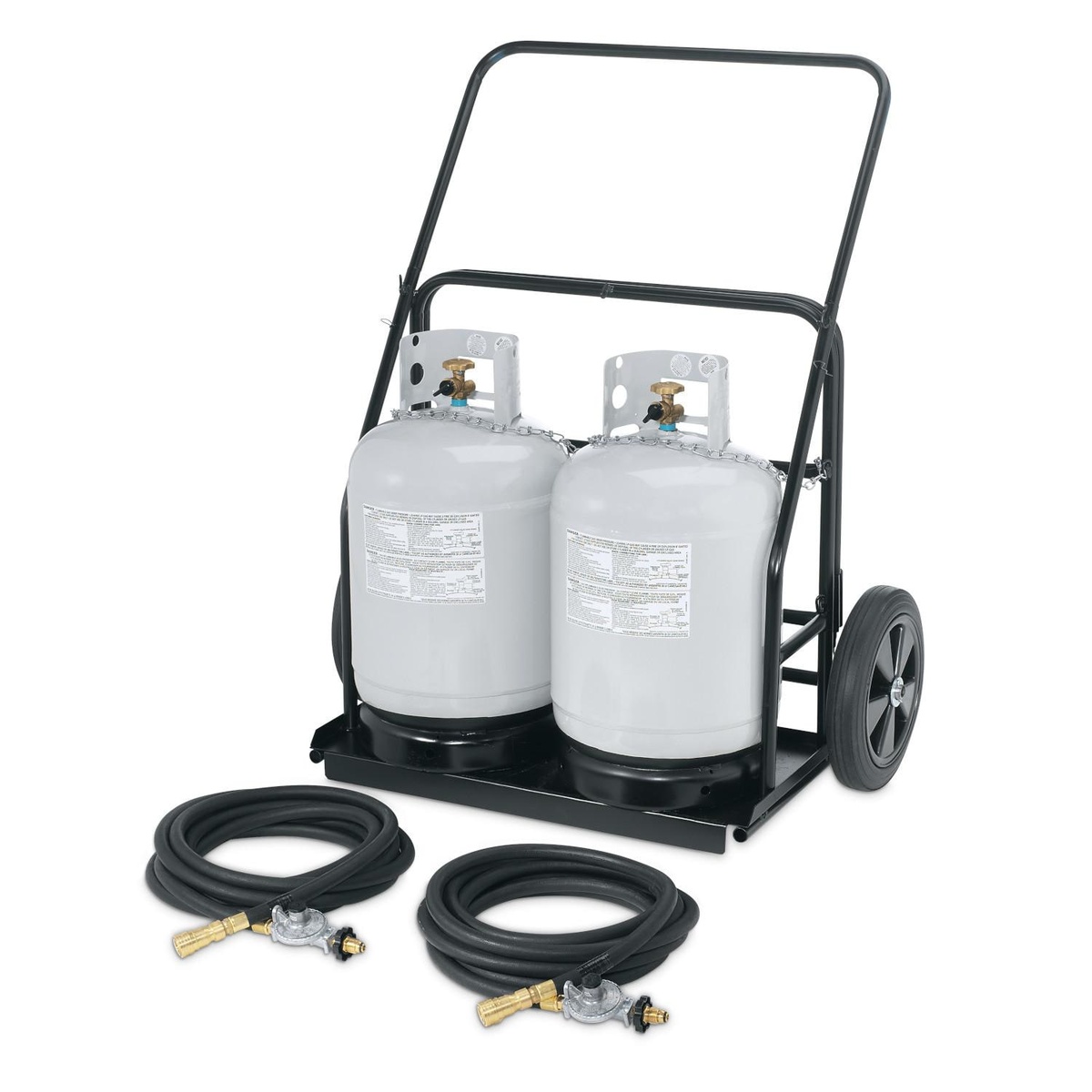 Crown Verity remote propane cart holding two propane tanks with two gas hoses and regulators