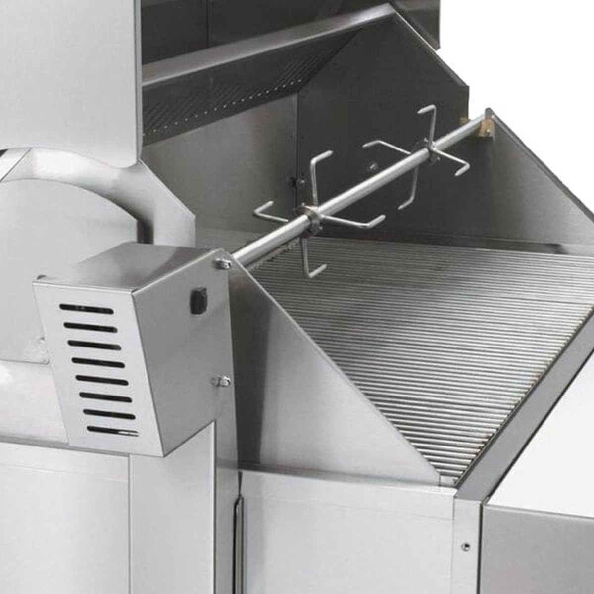 Crown Verity rotisserie assembly installed on a 36-inch built-in grill