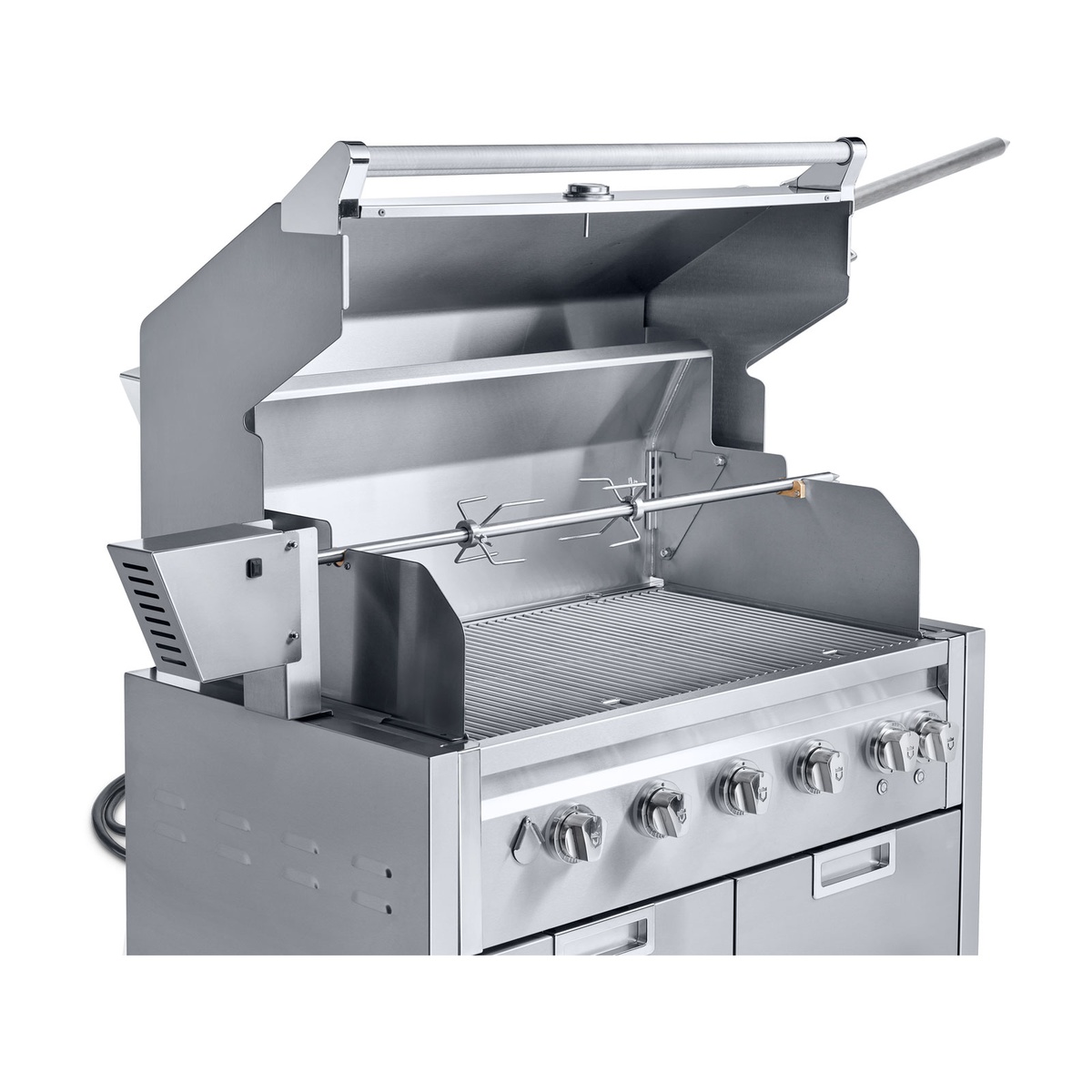 Rotisserie kit installed on a Crown Verity roll dome grill