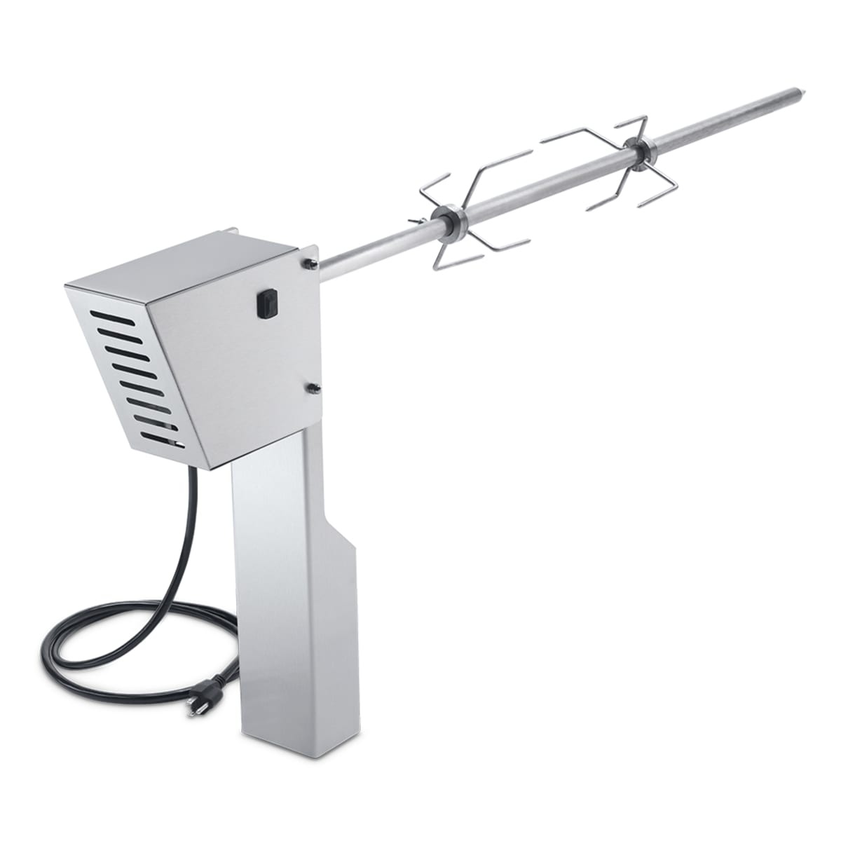 Crown Verity CV-RT-48 rotisserie assembly with motor housing, stainless rod, and fork set